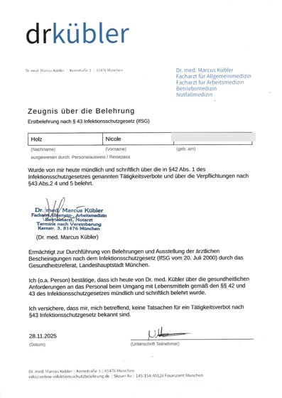 Zertifikat Hygienebelehrung
